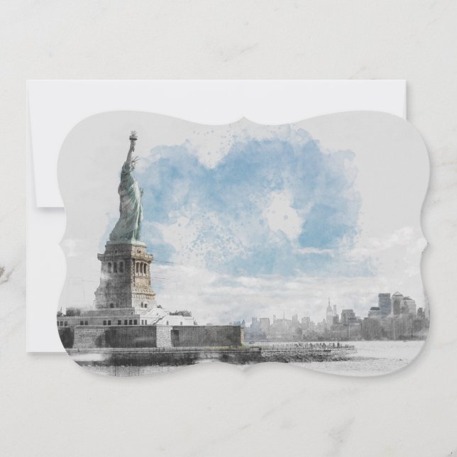 Watercolor Manhattan & Statue of Liberty Flat Card (Front)