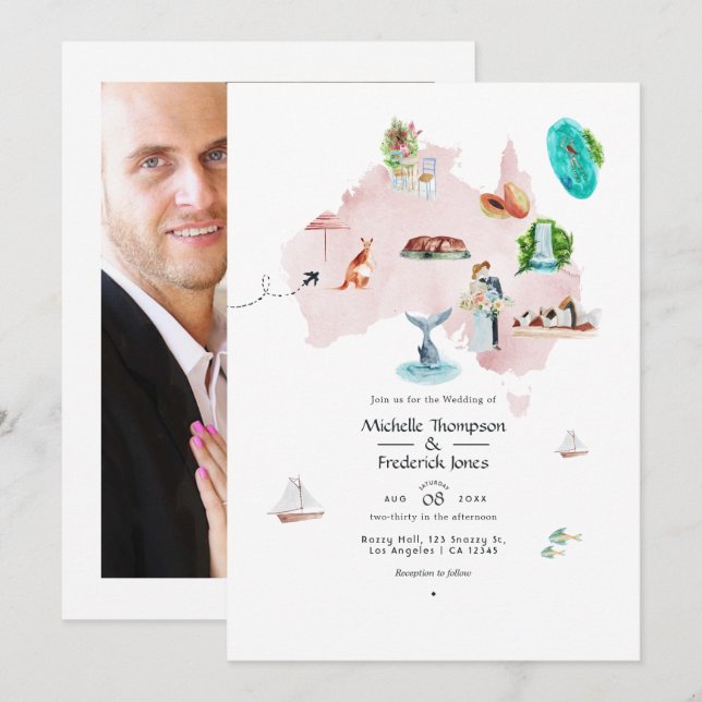 Watercolor Map of Australia Destination Wedding Invitation (Front/Back)