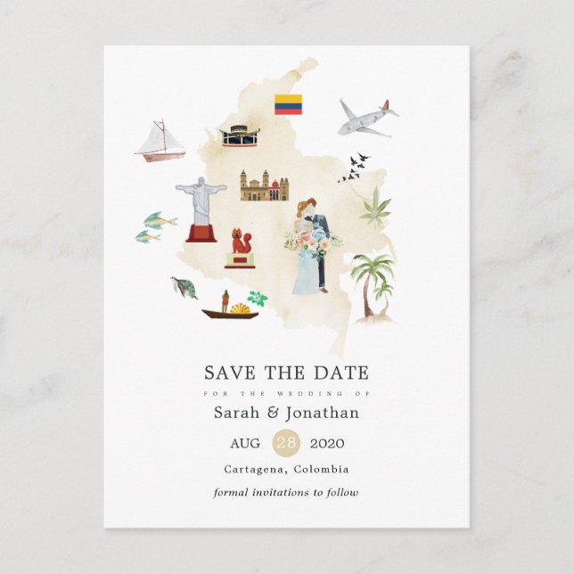 Watercolor Map of Columbia Destination Wedding Announcement Postcard (Front)