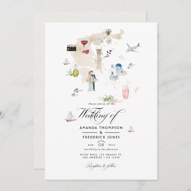 Watercolor Map of Greece Destination Wedding Invit Invitation (Front/Back)