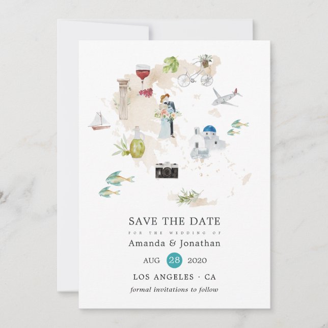 Watercolor Map of Greece Destination Wedding Save The Date (Front)