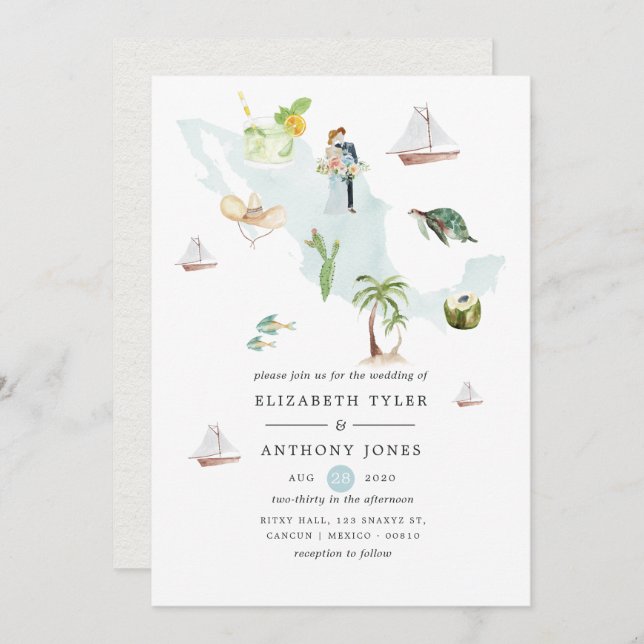 Watercolor Map of Mexico Destination Wedding Invitation (Front/Back)