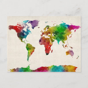 Watercolor Map of the World Map Postcard