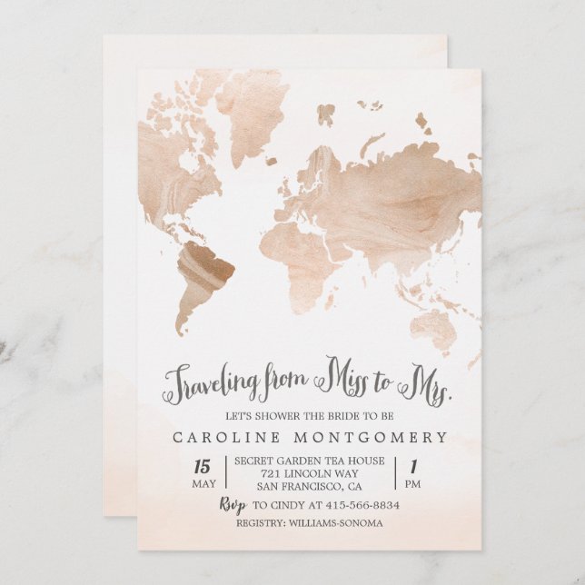Watercolor Map Travel Bridal Shower Invitation (Front/Back)