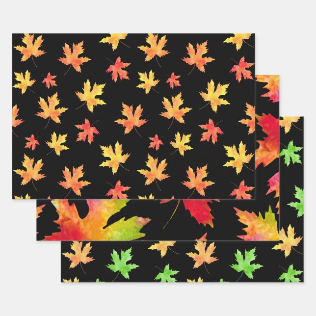 Watercolor Maple Leaf Patterns Black Background Wrapping Paper Sheet (Set)
