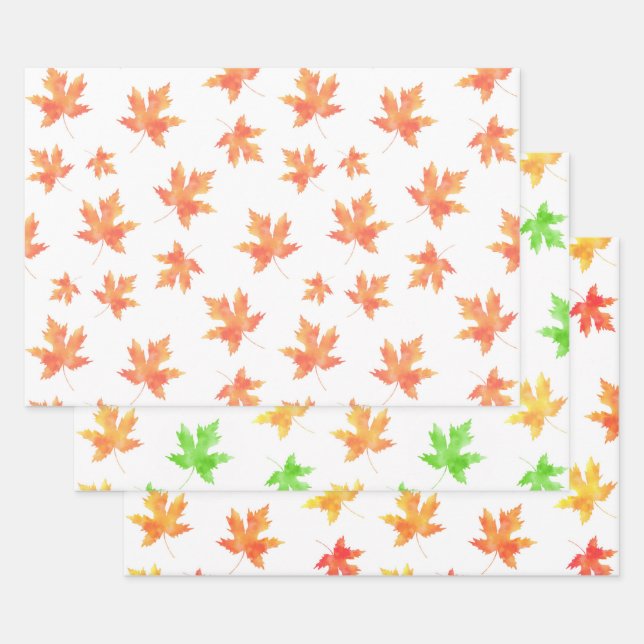  Watercolor Maple Leaf Patterns Wrapping Paper Sheet (Set)