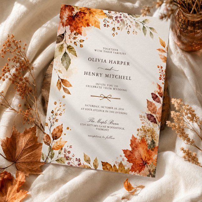 Watercolor Maple Leaf Rustic Autumn Wedding Invitation (Creator Uploaded)