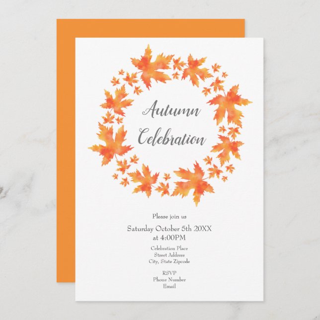Watercolor Maple Leaves Wreath Invitation (Front/Back)