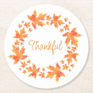 Watercolor Maple Leaves Wreath Round Paper Coaster