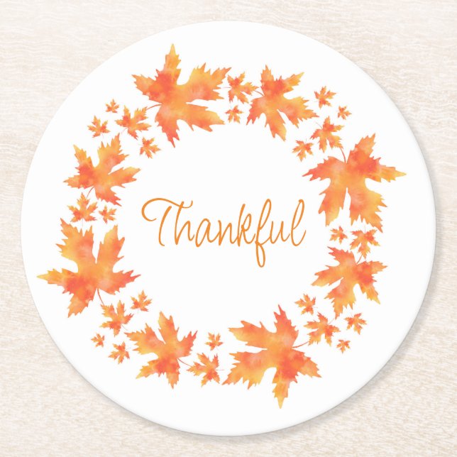Watercolor Maple Leaves Wreath Round Paper Coaster (Front)