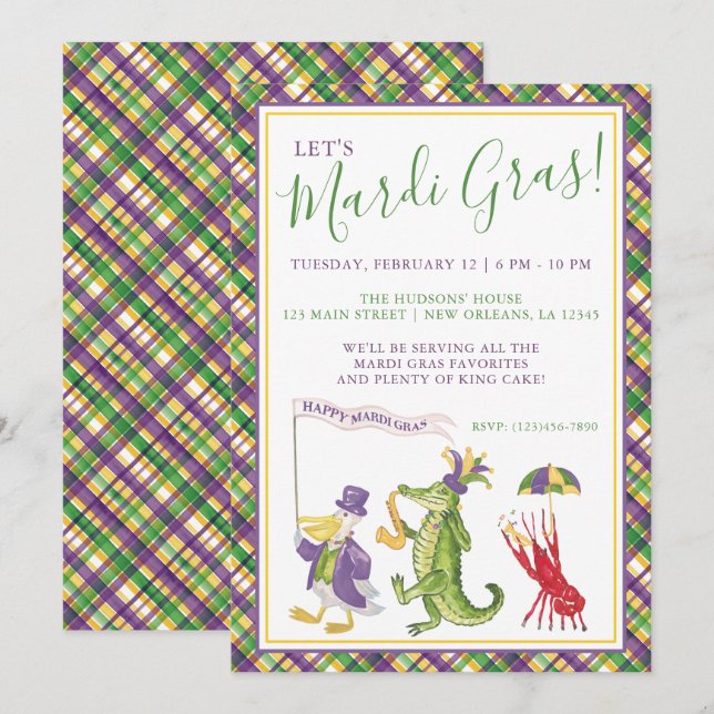 Watercolor Mardi Gras Animal Parade Party Invitation (Front/Back)