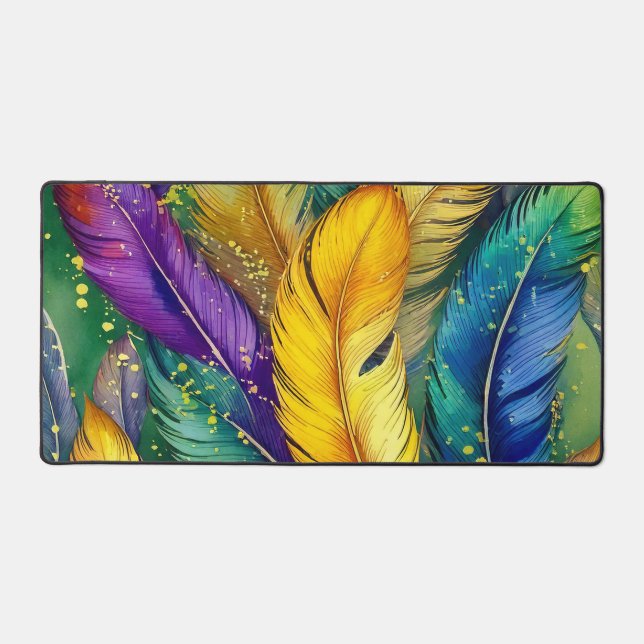 Watercolor Mardi Gras Feather seamless pattern Desk Mat (Front)