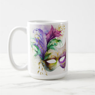 WATERCOLOR MARDI GRAS MASKS & FEATHERS COFFEE MUG