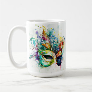WATERCOLOR MARDI GRAS MASKS & FEATHERS COFFEE MUG