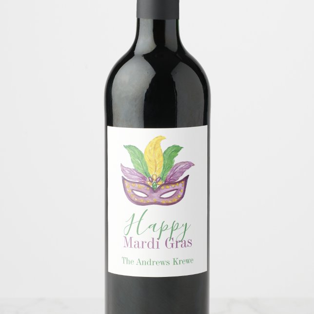 Watercolor Mardi Gras Masks King Cake Crown Wine Label (Creator Uploaded)