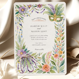 Watercolor Mardi Gras Masquerade Floral Wedding Invitation