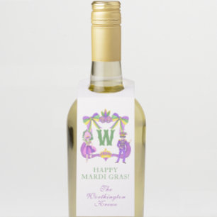 Watercolor Mardi Gras Monogram Crest Bottle Tag