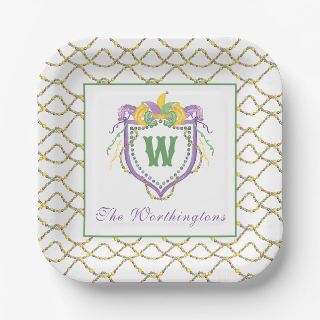 Watercolor Mardi Gras Monogram Crest Paper Plate (Creator Uploaded)