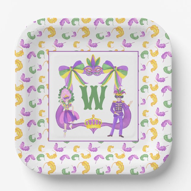 Watercolor Mardi Gras Monogram Crest Paper Plate (Creator Uploaded)