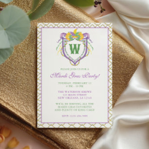 Watercolor Mardi Gras Monogram Crest Party Invitation