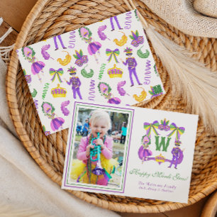 Watercolor Mardi Gras Monogram Crest Photo Holiday Card
