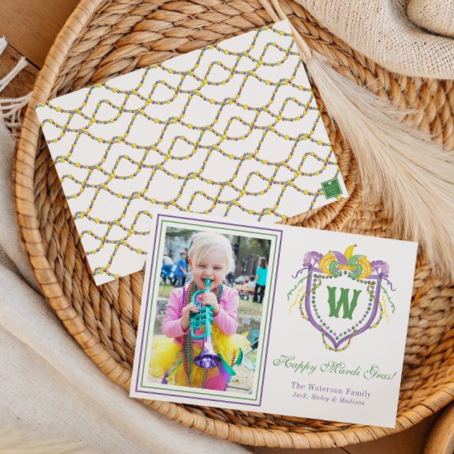 Watercolor Mardi Gras Monogram Crest Photo Holiday Card (Creator Uploaded)