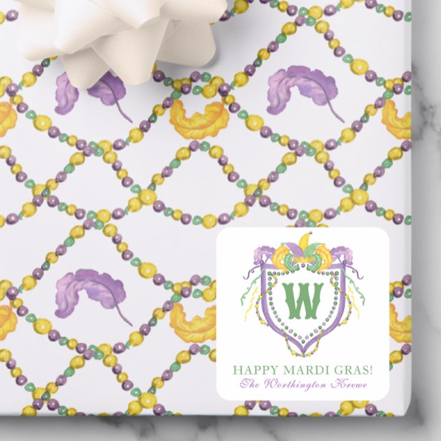 Watercolor Mardi Gras Monogram Crest Square Sticker (Creator Uploaded)