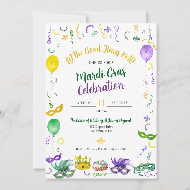 Watercolor Mardi Gras Objects Party Invitation (Front)