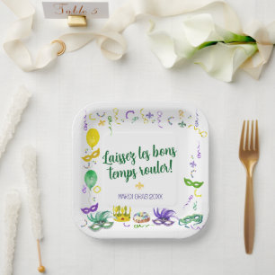 Watercolor Mardi Gras Objects Party Paper Plate