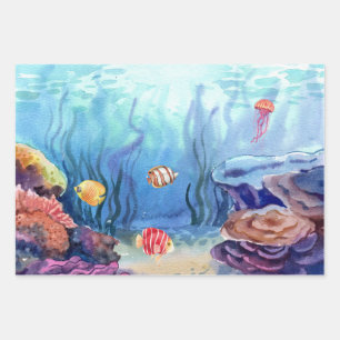 Watercolor Marine Ocean Live Coral and Fish  Wrapping Paper Sheet