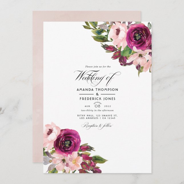Watercolor Marsala and Blush Floral Wedding Invitation (Front/Back)