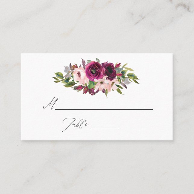 Watercolor Marsala and Blush Floral Wedding Place Card (Front)