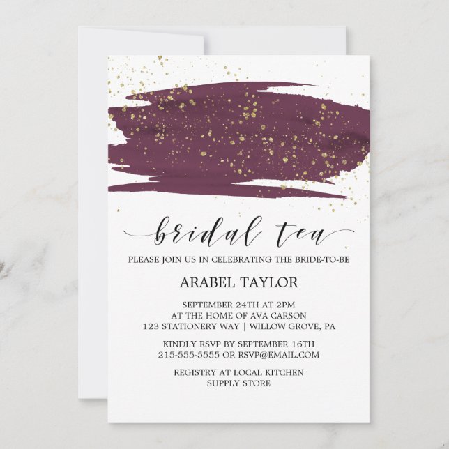 Watercolor Marsala and Gold Sparkle Bridal Tea Invitation (Front)