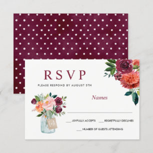 Watercolor Marsala Burgundy Mason Jar Floral RSVP Card