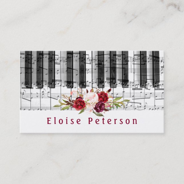 watercolor marsala peonies pianist business card (Front)