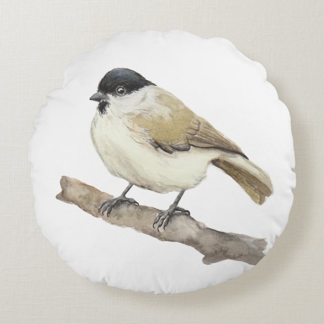 Watercolor Marsh Tit Round Cushion (Front)