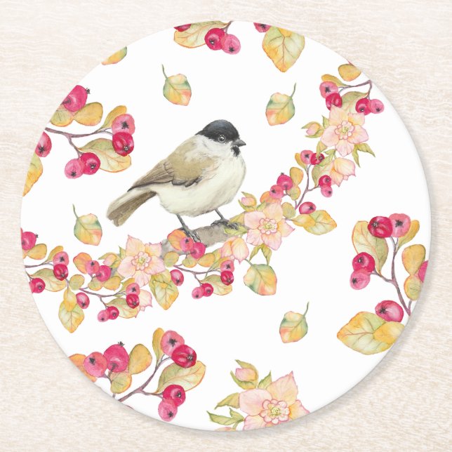 Watercolor Marsh Tit Round Paper Coaster (Front)