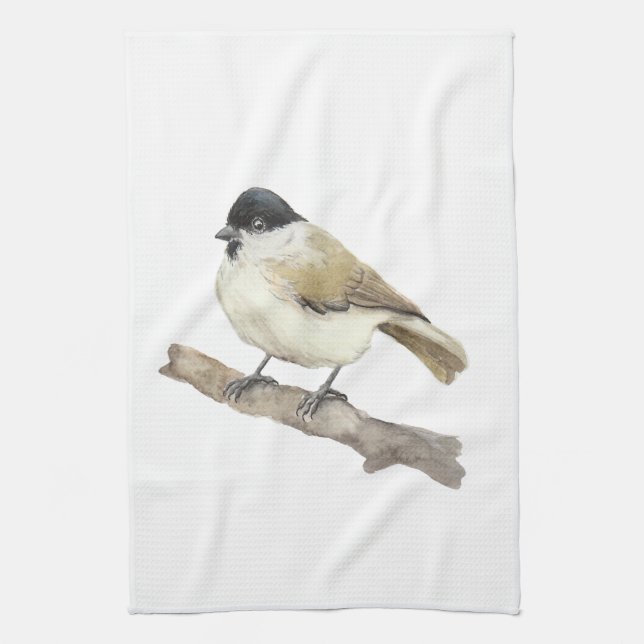 Watercolor Marsh Tit Tea Towel (Vertical)