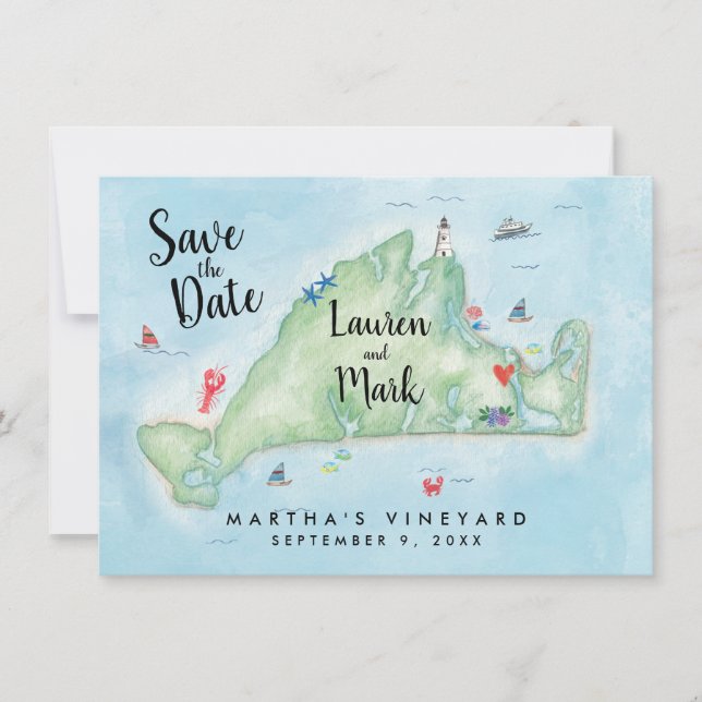 Watercolor Marthas Vineyard Map Save the Date (Front)