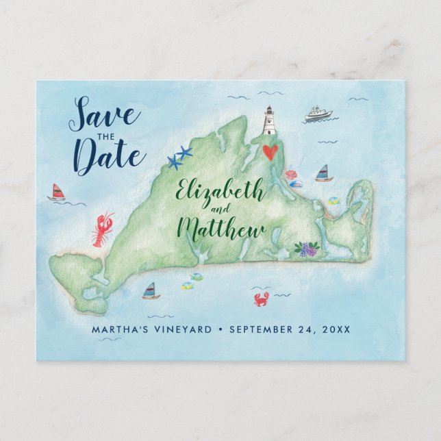 Watercolor Marthas Vineyard Save the Date Postcard (Front)