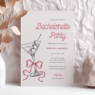 Watercolor Martini Pink Bow Bachelorette Invitation