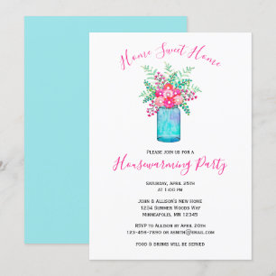 Watercolor Mason Jar Bouquet   Floral Housewarming Invitation