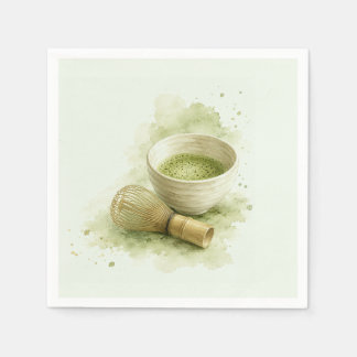 Watercolor Matcha Bowl and Bamboo Whisk Sage Green Napkin