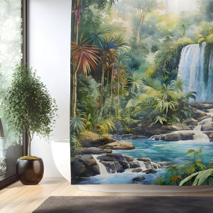 Watercolor Mayan Jungle Waterfall Shower Curtain