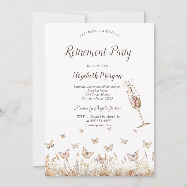 Watercolor Meadow Butterflies Glass Retirement  Invitation (Front)