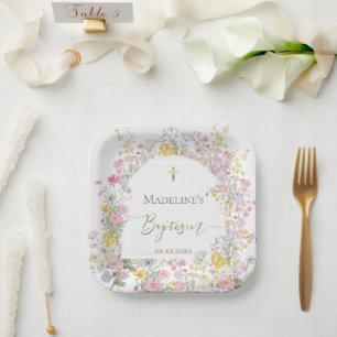 watercolor meadow flowers Baptism Paper Plate
