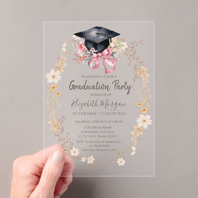 Watercolor Meadow Flowers Cap Bow Graduation Acrylic Invitations (Insitu (Handheld))