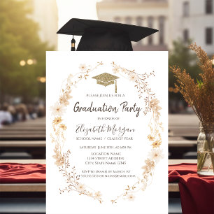 Watercolor Meadow Flowers Glitter Cap Graduation  Invitation