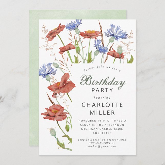 Watercolor meadow flowers grass birthday invitation (Front/Back)