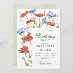 Watercolor meadow flowers grass birthday invitation